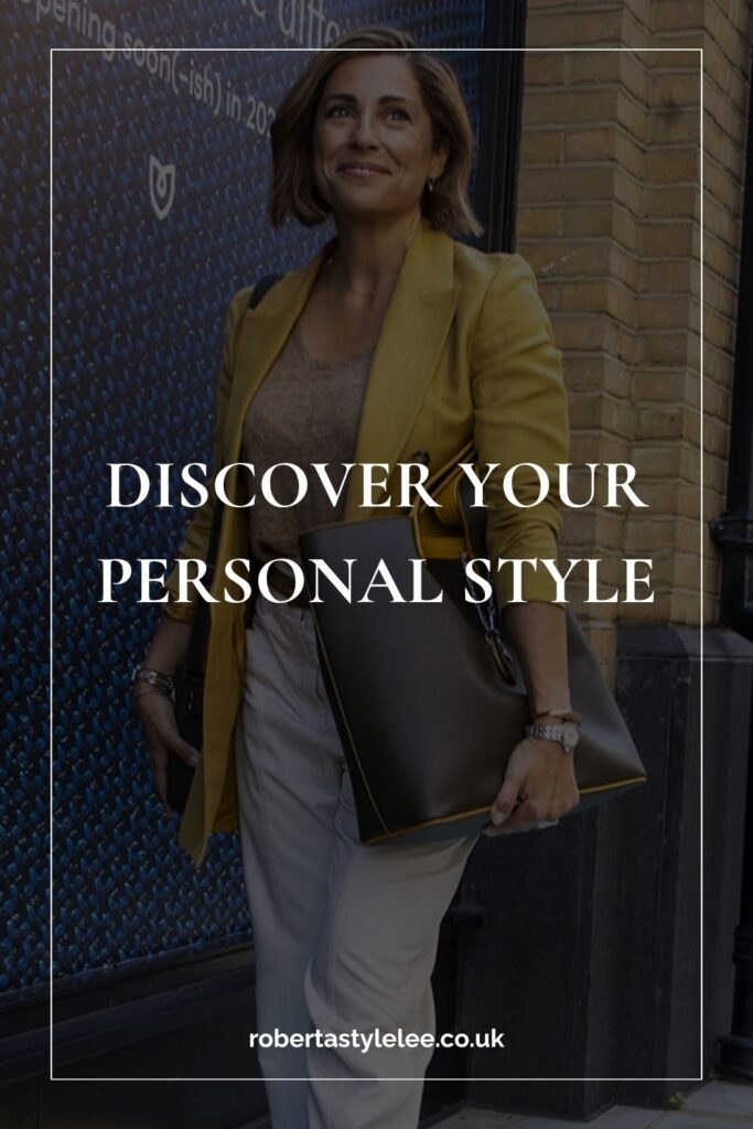 Discover Your Personal Style - Elegant women shows off her new style - wearing autumn colours: mustard blazer, beige top and cream pants with a  brown tote bag. 