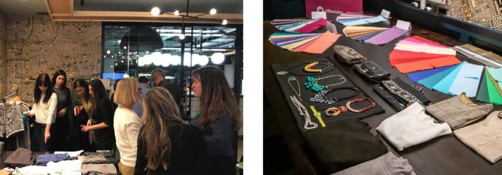 image 1: Sustainable Styling Workshop with personal stylist and sustainable style expert, Roberta Lee. Clients Personal Shopping, networking and exploring pre-loved clothes on a rail in London.
image 2: Carefully curated pre-loved accessories and colour swatches
