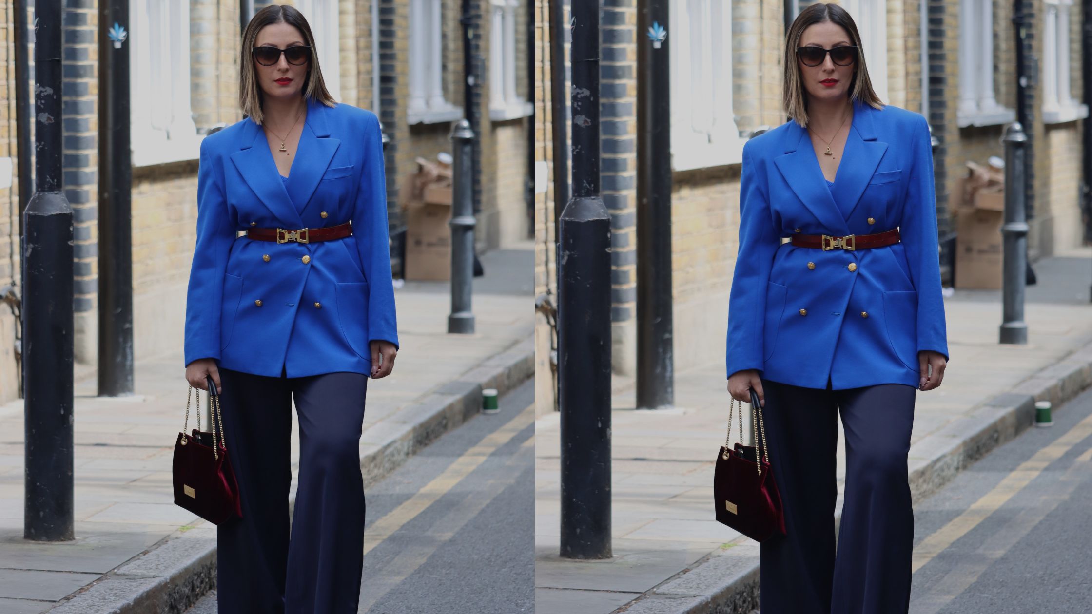 Wear Your Values – Roberta Lee wearing her values and looking powerful and confident in a Blue & Burgundy outfit.