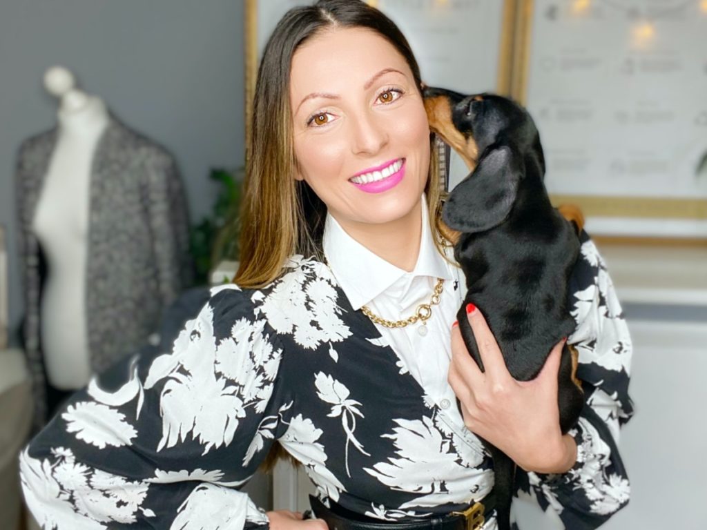London’s Sustainable Stylist and Fashion Expert Roberta Lee | Wearing a monochrome Dress with Puff Sleeves and White Blouse | with Princess Penelope Lee | Sausage Dog | Dachshund puppy