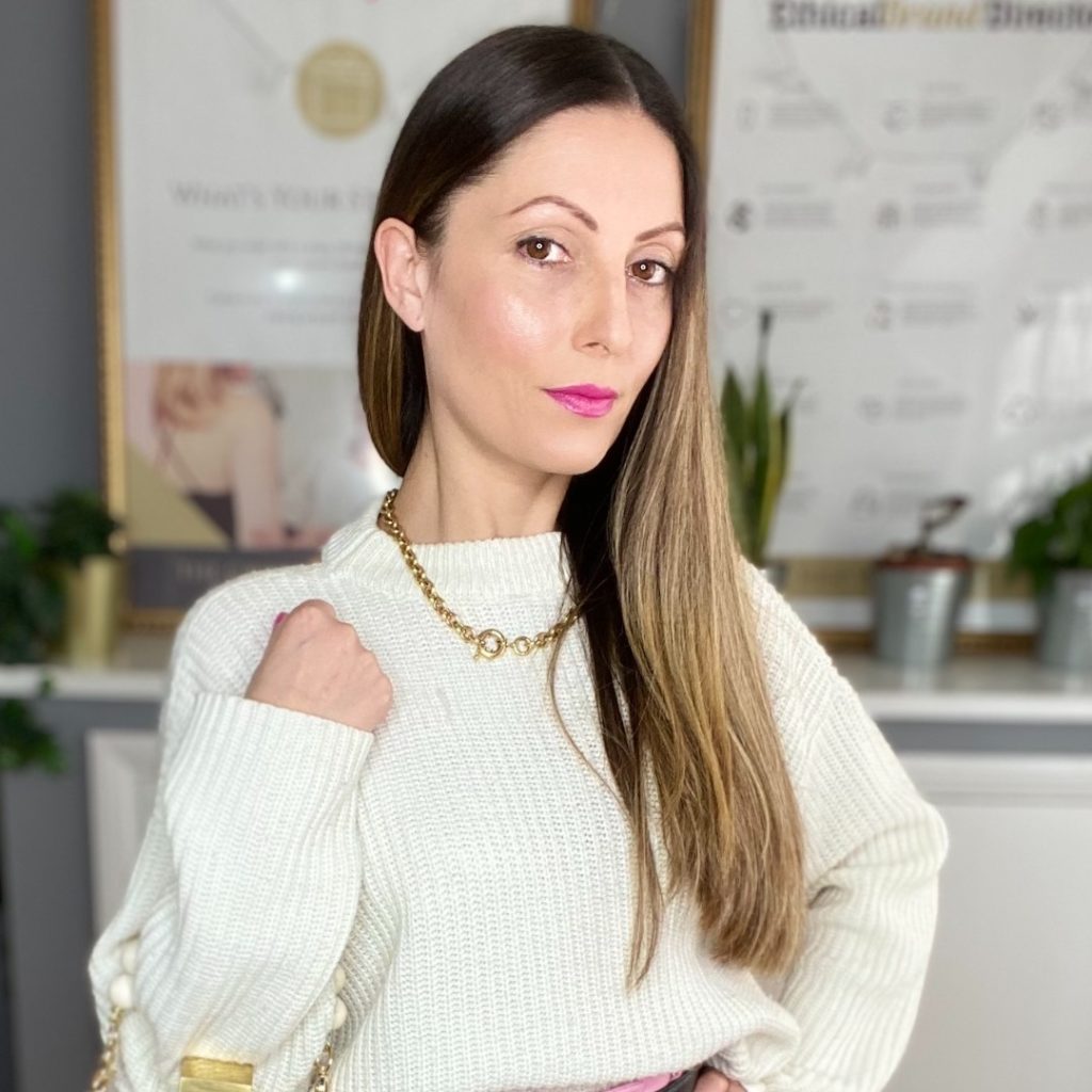 Roberta wearing a cream Jumper | Note this is better suited to a warm skin tone