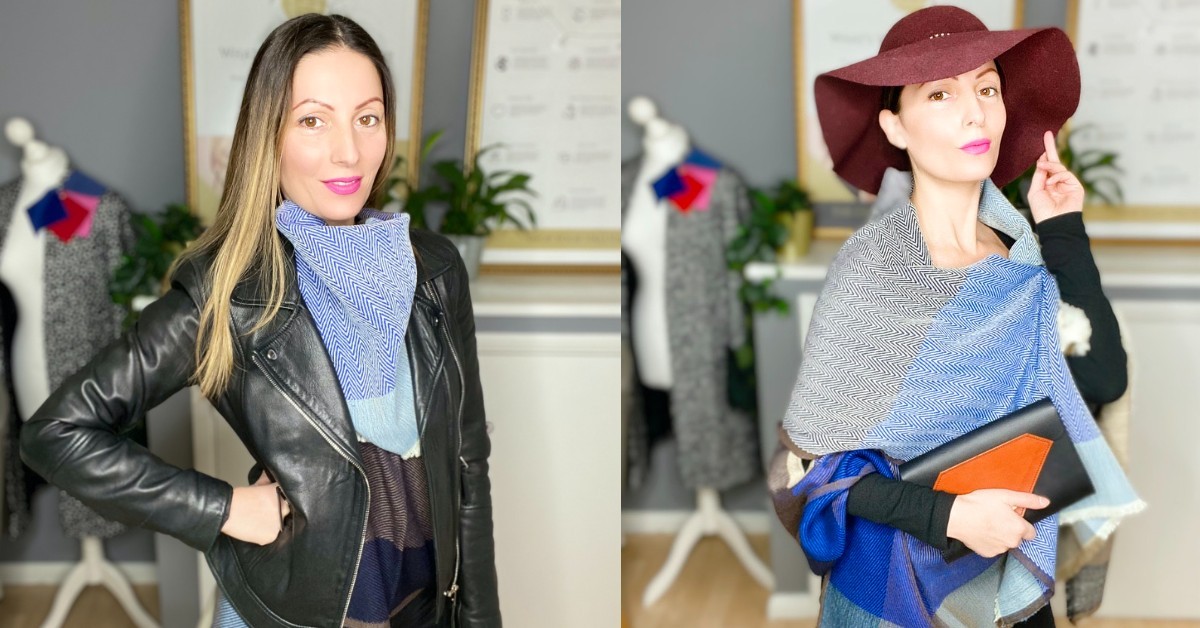 Roberta Style Lee | BLOG | Roberta Lee, London’s Sustainable Stylist wearing Jewelled Buddha's Danube Blue Woolen Cape | Holding Tatum Diamond London’s Black and Brown Leather Clutch