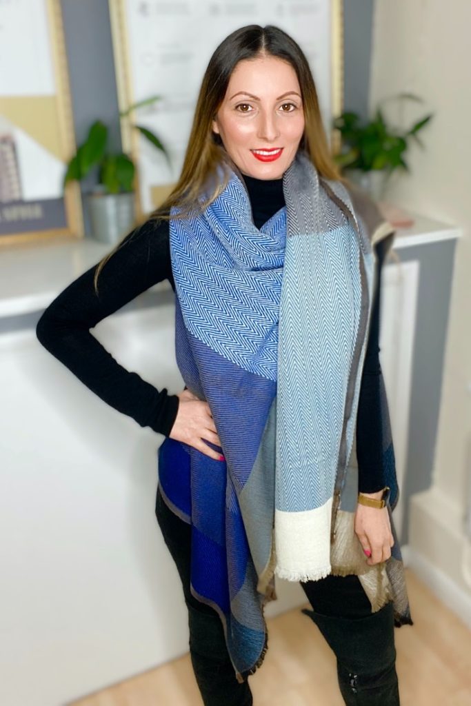 Handwoven Wool Danube Cape by Jewelled Buddha worn by Roberta Lee, London’s Sustainable Fashion Stylist.