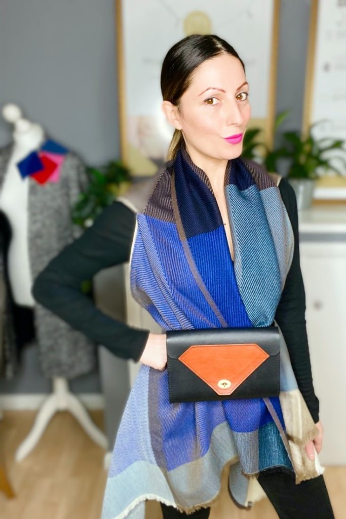 Blue Wool Cape worn as a belted cape with Tatum Diamond leather Belt Bag | Worn by Personal Stylist, Roberta Lee