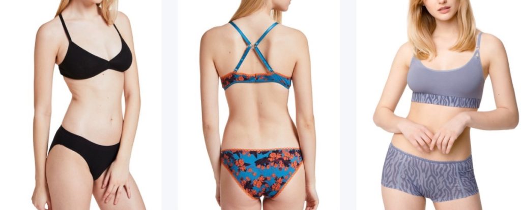 Ethical Underwear by Vatter Fashion | Black, floral blue and muted blue underwear sets | Organic cotton wireless bras