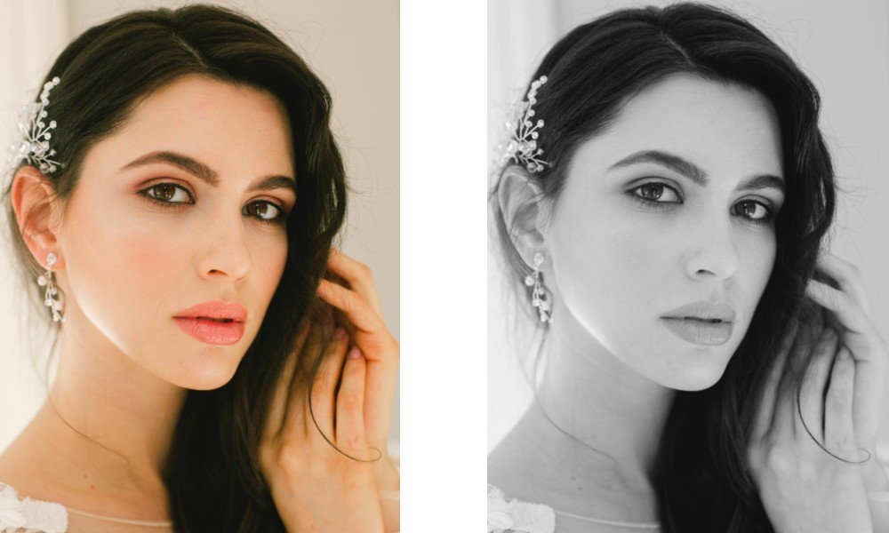 Women with Black Hair and High Contrast in Features | True Winter Skin Tone Example in Colour and Black and White