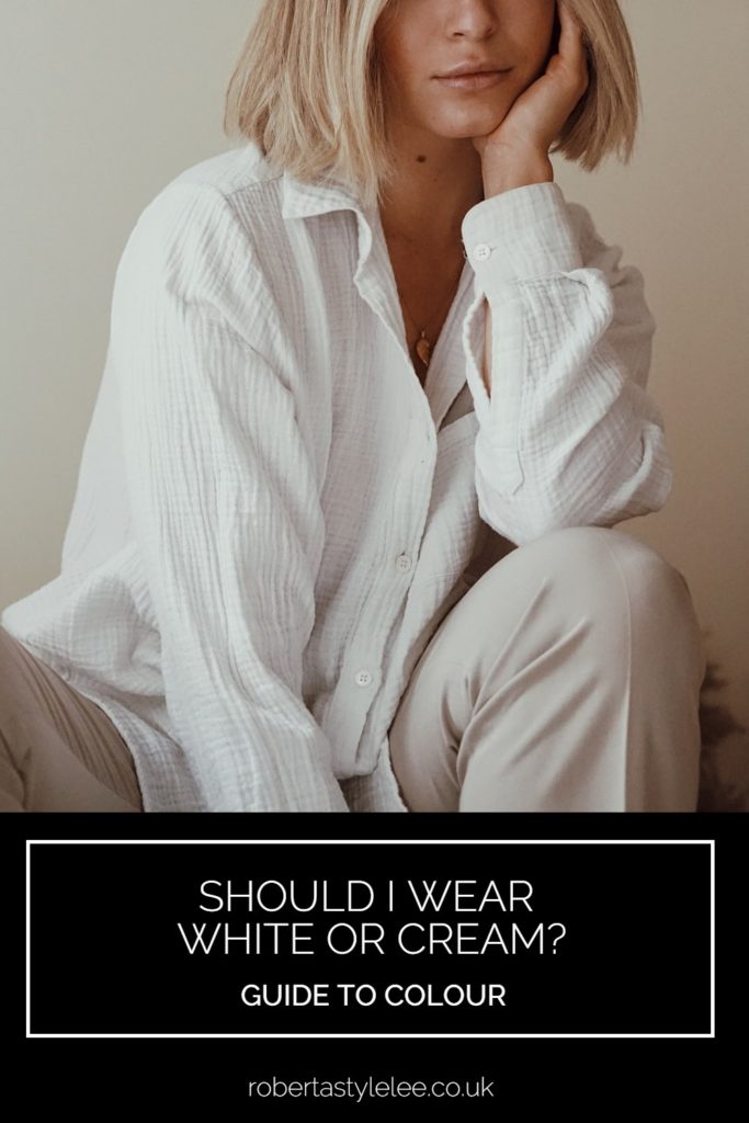 Woman wearing white linen shirt and cream trousers | How to tell if you should wear white or cream?
