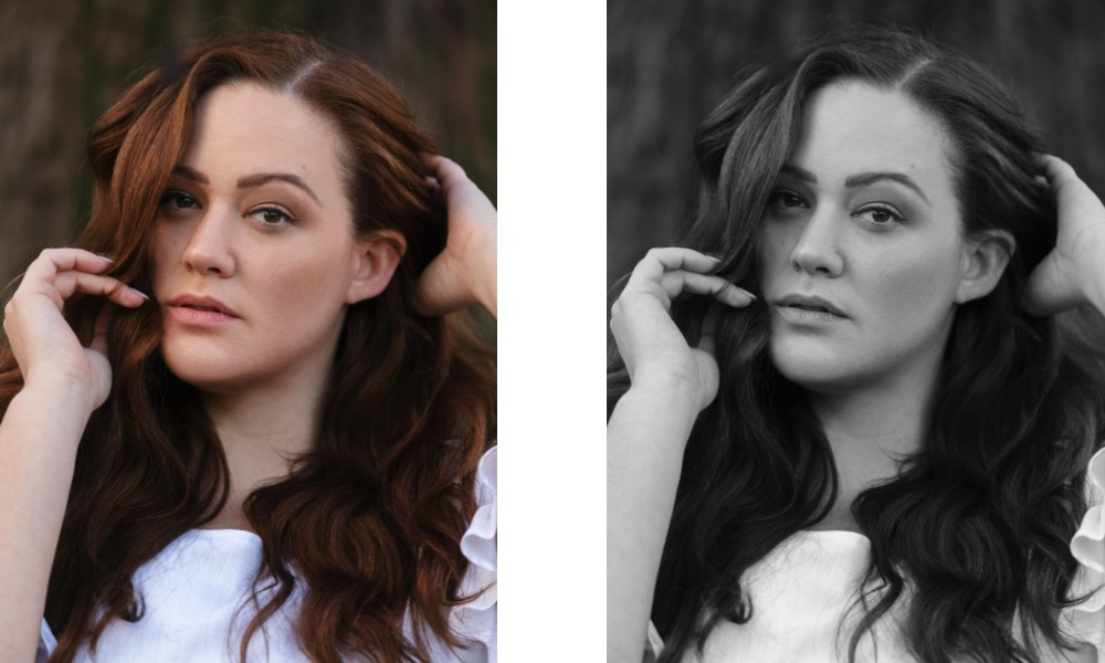 Woman with Auburn Hair| Warm Autumn Low to Medium Contrast in Features | True Autumn Skin Tone Example in Colour and Black and White