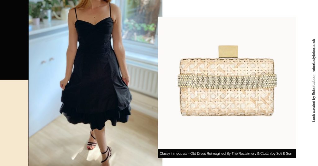 New Years Eve Outfit Look 3 
 | Roberta Lee The Sustainable Stylist wear a little black evening dress with ruffles + a raffeta style clutch by Soli & Sun  