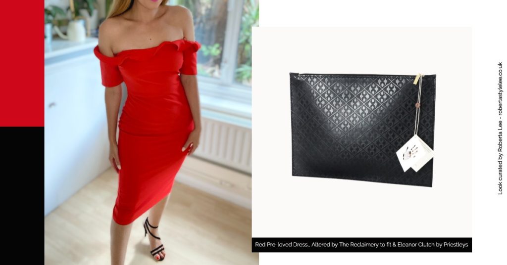 New Years Eve Outfit Look 4
 | Roberta Lee The Sustainable Stylist wears a little red evening dress with ruffles + a black leather clutch bag by Priestleys