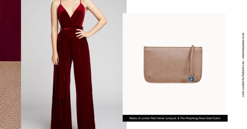 New Years Eve Outfit Look 7: New Year’s Eve Sustainable Party Outfit Ideas |  Featured brands: Belles of London Red Velvet Jumpsuit and The Morph Bag Rose Gold Clutch