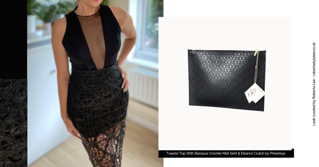 New Years Eve Outfit Look 2 
 | Roberta Lee The Sustainable Stylist wear a Tuxedo style top  deep V-neck evening Top with a Baroque Crochet Midi Skirt and a Luxury Black Leather Clutch by Priestleys | 