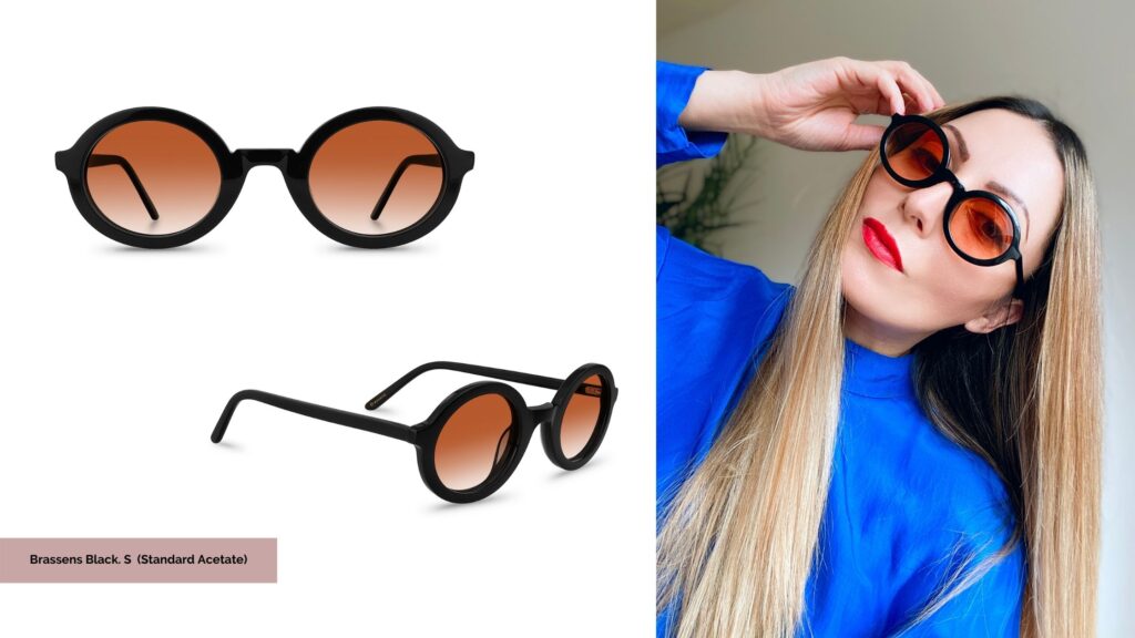 Roberta Style Lee BLOG Review of Polette Sustainable Eyewear range | Fashionable, Trendy Glasses & Sunglasses London, Black Oval 90s Style Sunglasses with Orange Tinted lenses