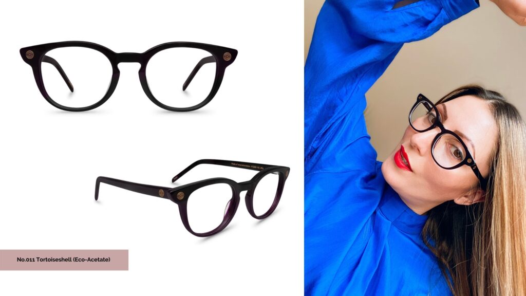 Roberta Style Lee BLOG Review of Polette Sustainable Eyewear range | Fashionable, Trendy Glasses & Sunglasses London, Black/Purple Chunky Framed Nerd Glasses