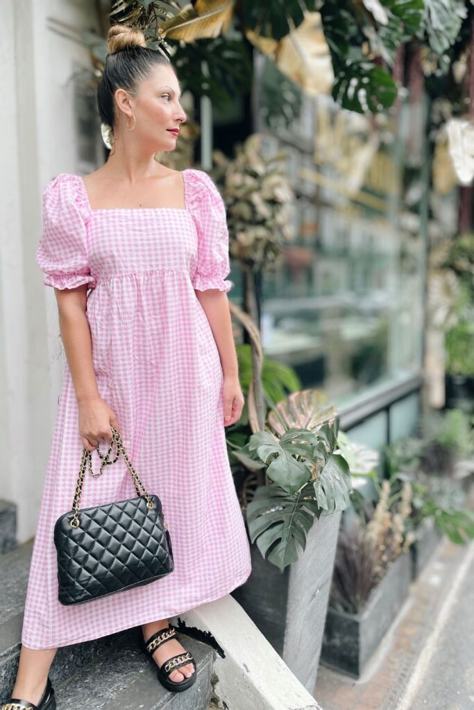 Pink Gingham Puff sleeve Dress, Black Leather Accessories with Gold Chain | London Blogger Style