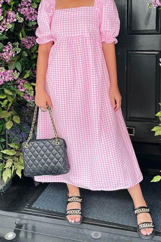 Pink Gingham Dress, Black Leather Accessories with Gold Chain