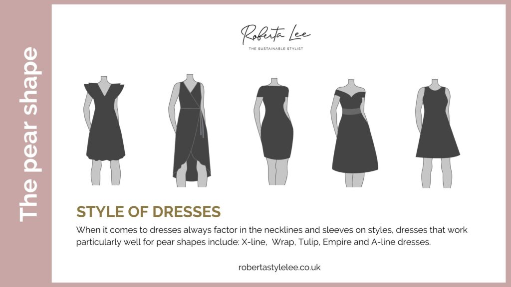 Flattering styles of dresses for pear shape / triangle women. 