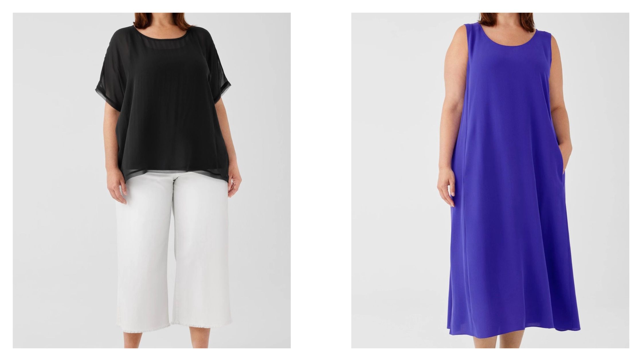 Plus sized sustainable black top | plus sized purple sustainable dress | Extended size ranges 