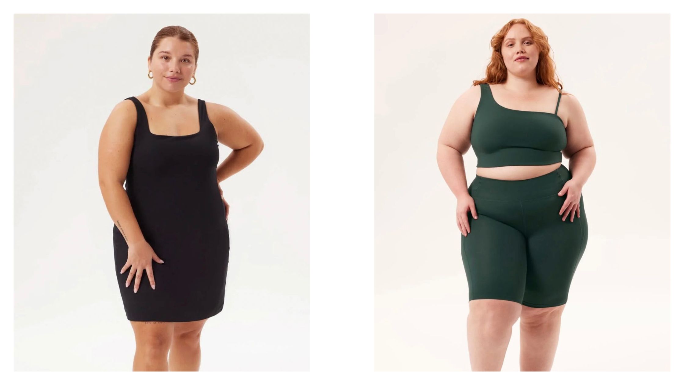 Plus sized black casual dress  | Plus sized sports top and cycling shorts in Pine Green  | Girlfriend Collective 