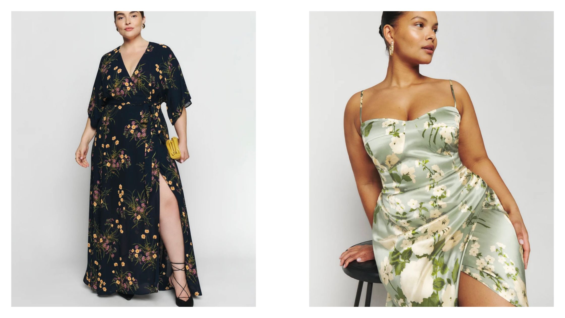 Size Inclusive brands | black floral dress in sustainable fabric | Plus sized light green floral wrap evening dress  | Reformation dresses extended size range 