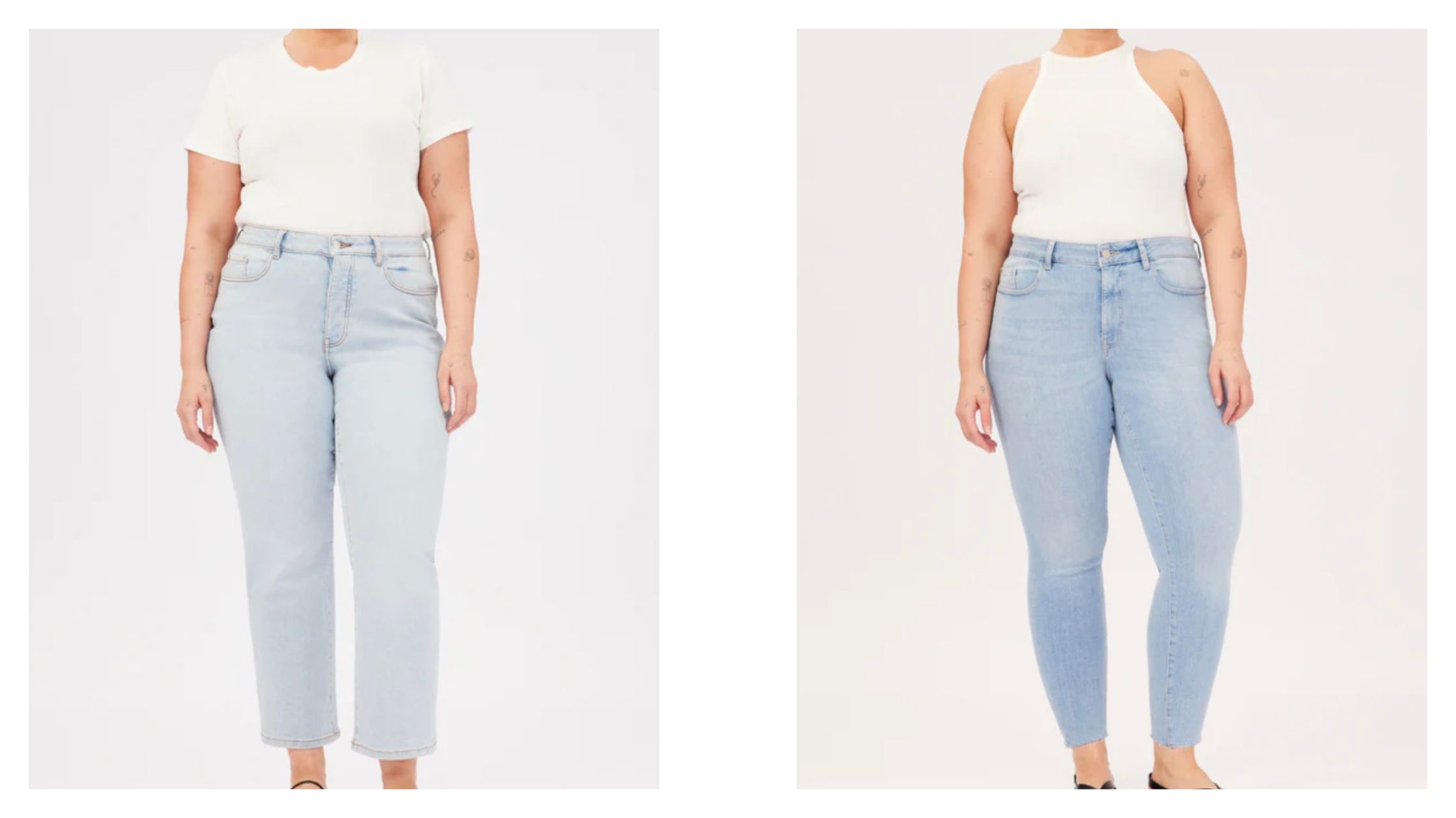 Plus sized straight leg sustainable light blue jeans | Plus sized Skinny high waisted sustainable light wash jeans  | Warp + Weft extended sizes 