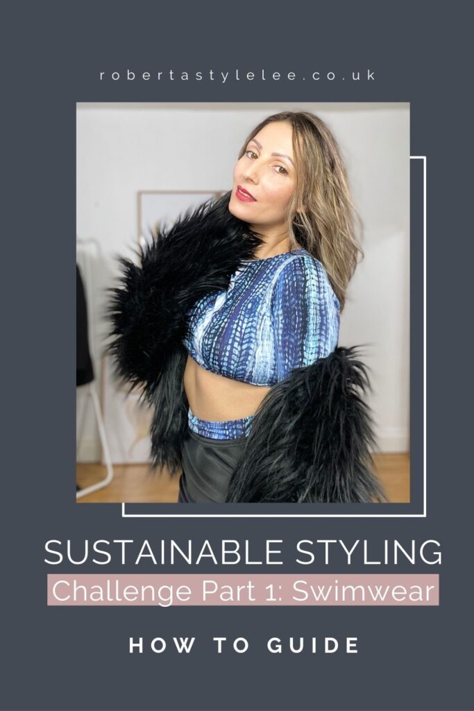 Blue snake print long sleeve top, black shaggy faux fur coat, black slip skirt. Evening outfit Inspiration Sustainably Styled.