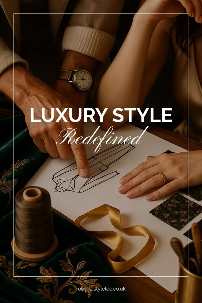 Luxury style redefined, PIN sustainable brand bespoke design  sketch and colour choices create your luxury style with Roberta Lee London's Sustainable Stylist 