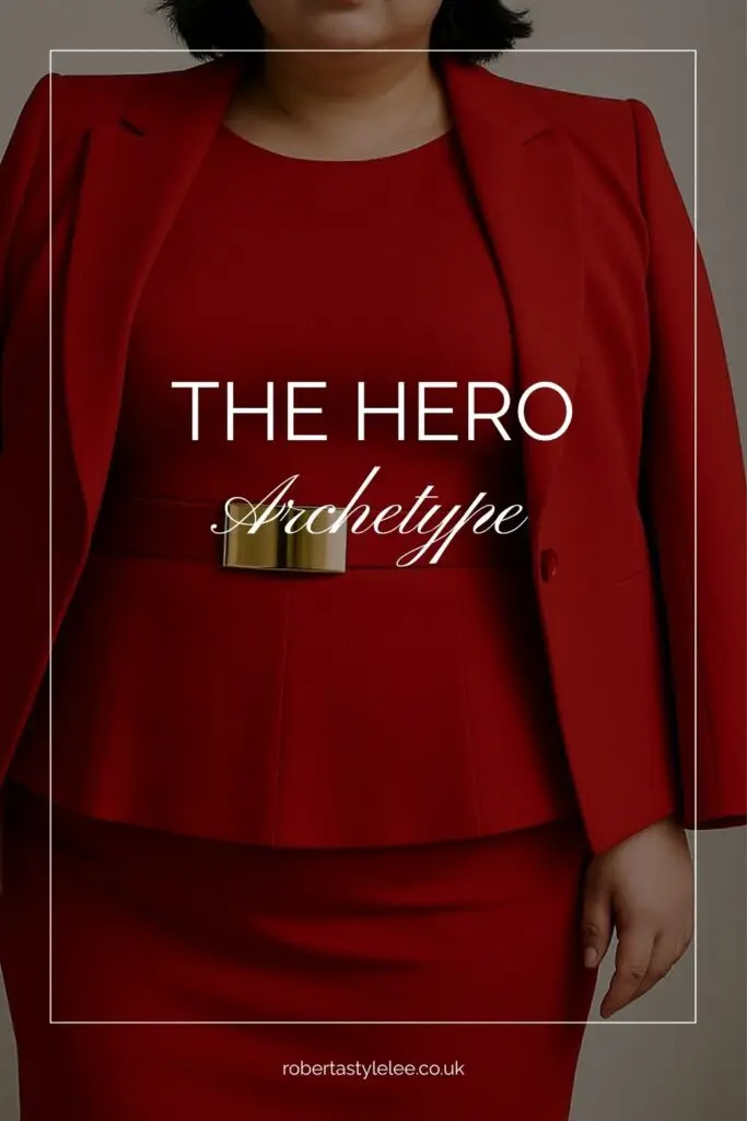 The Hero Archetype, Powerful Woman Wearing Red Dress, gold Belt and Blazer on her shoulders