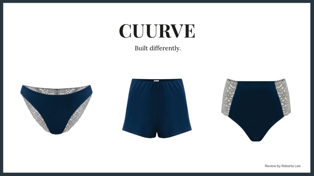 CUURVE Sustainable Lingerie Review by Roberta Lee | Bikini style briefs, high waisted shaping pants,  lounge shorts in blue 