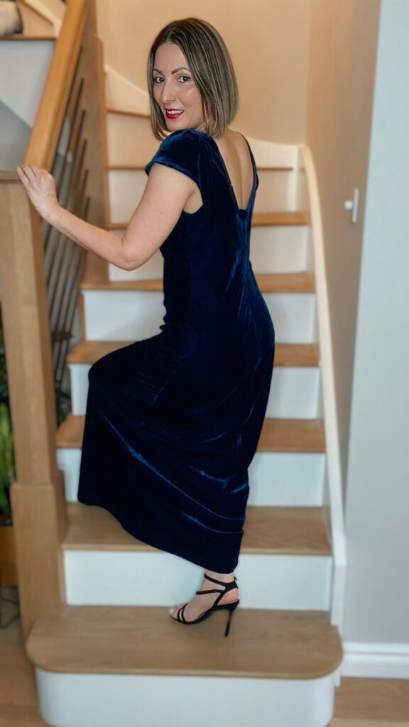 Event Season Dresses. Christmas and New Year. ASPIGA Brand Review - Deep Navy Velvet Evening Dress Maxi Elegant Sustainable | DInner | Gala. Scoop Neck.