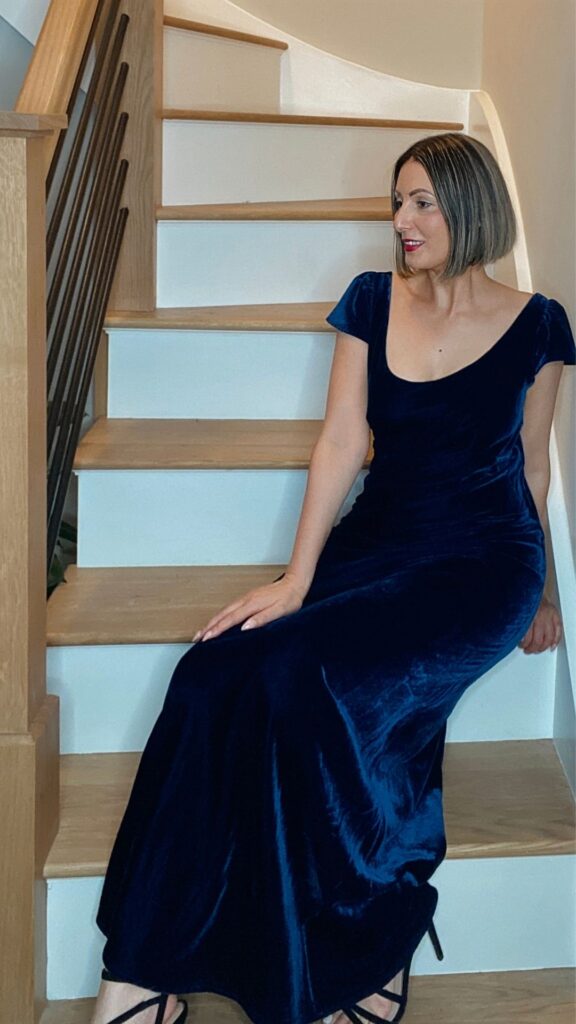 Event Season Dresses. Christmas and New Year. ASPIGA Brand Review - Blue Velvet Evening Dress Maxi Elegant Sustainable