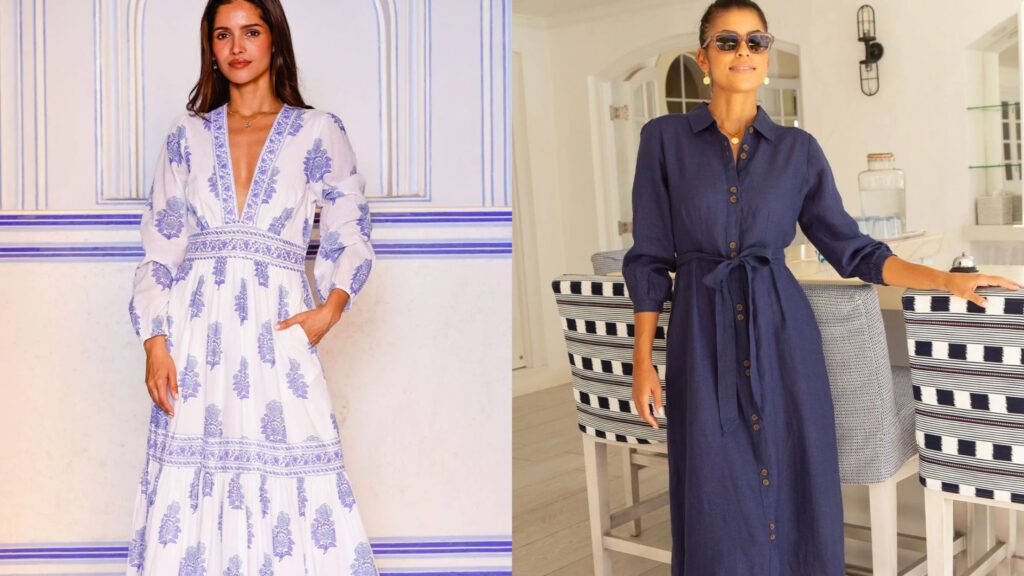 Aspiga Dress Season_ Summer Picks _ Brand Review by Roberta Lee The Sustainable Stylist. Navy Shirt Dress. Block Printed Blue and White Maxi Dress deep V-plunge neckline.