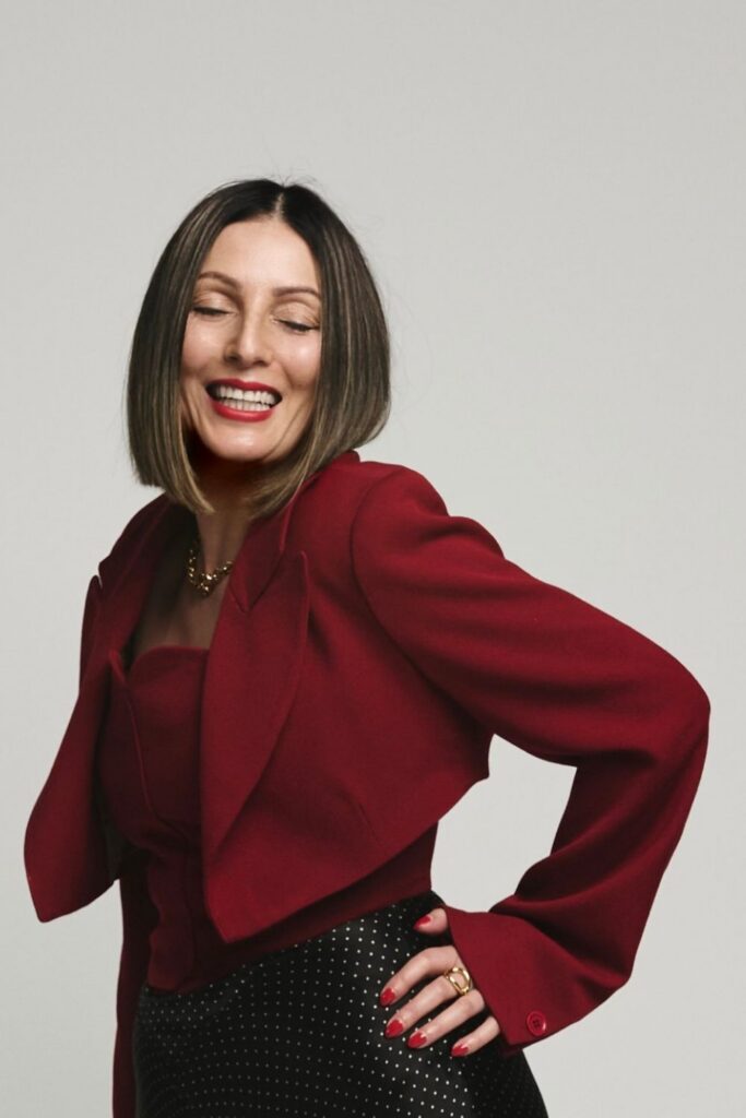 Roberta Lee Collaboration with Loom to Redesign a Blazer into a co-ord. Red Blazer Co-Ord.