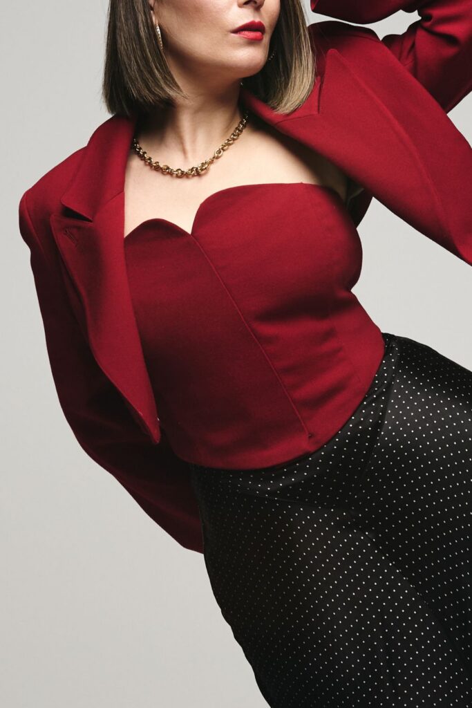 Blazer Redesign Project with Loom. Red Corset and Matching Cropped Blazer