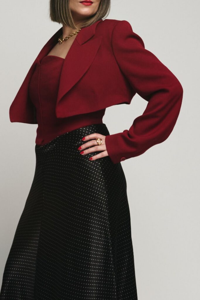 Roberta Lee Collaboration with Loom Red Blazer Redesign Project. Bespoke Upcycle: Corset and Cropped Modern Blazer 