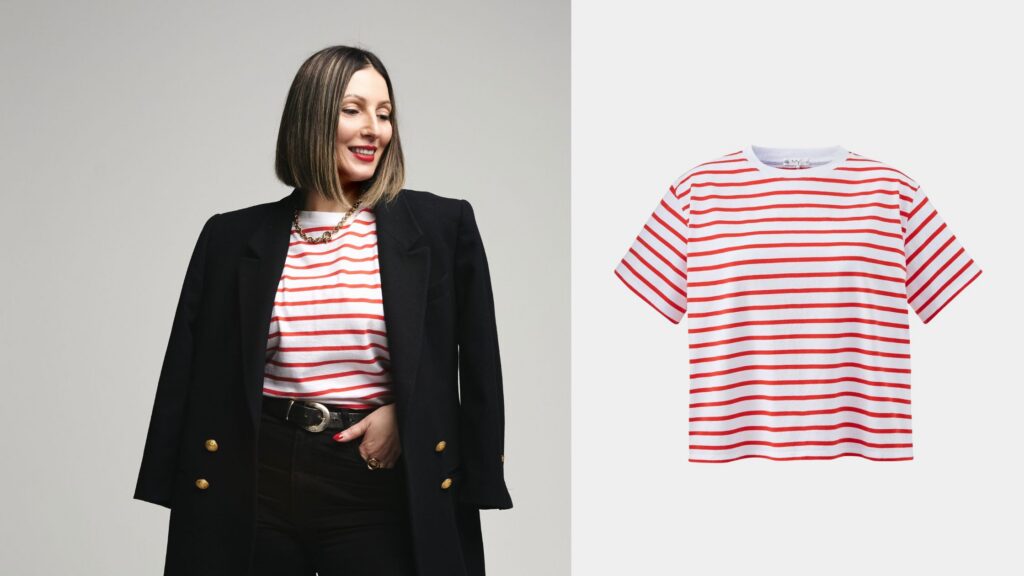 Hannah Red Breton Heavyweight Tee – sustainable organic cotton Breton T-shirt by IVY, reviewed by Roberta Lee The Sustainable Stylist