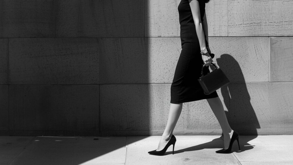 Sustainable Luxury Navigating the Grey | woman walks into the grey wearing high heels