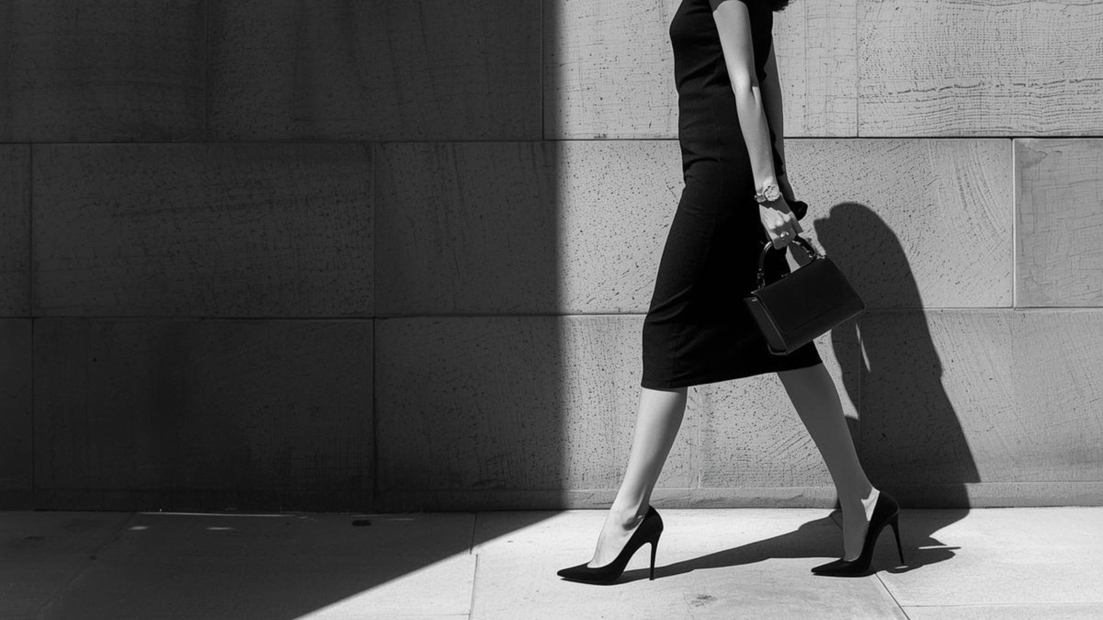 Sustainable Luxury Navigating the Grey | woman walks into the grey wearing high heels